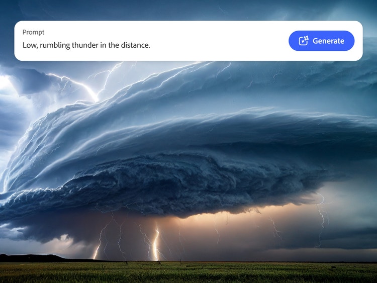 Uma paisagem tempestuosa, com o comando de texto usado para criar efeitos sonoros de trovão com som natural usando a IA do Firefly.