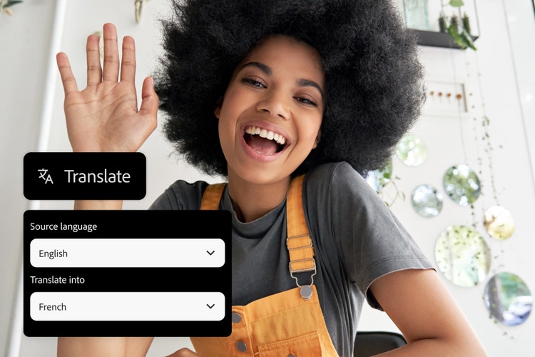 Jovem profissional configurando a opção de tradução do francês para o inglês na ferramenta de tradução de áudio por IA