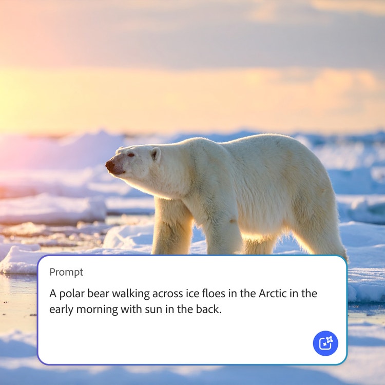 Imagem gerada por IA de um urso polar caminhando sobre blocos de gelo do Ártico na luz suave da manhã, com neve, gelo e céu azul-claro ao fundo, com a interface de comando do Firefly no topo.