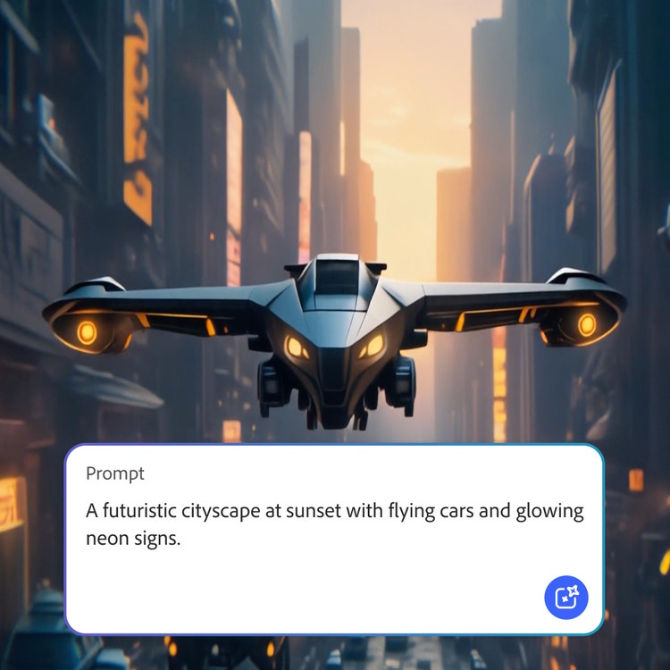 Imagem gerada por IA de um veículo voador futurista pairando entre prédios altos de uma cidade ao pôr do sol, com luzes brilhantes e atmosfera cinematográfica de ficção científica, com a interface de comando do Firefly no topo.