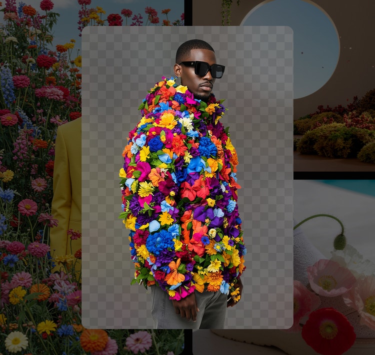 Design de moda gerado por IA, mostrando um moletom com capuz adornado com flores artificiais vibrantes em tons de vermelho, amarelo, azul, roxo e rosa em um fundo floral desfocado.