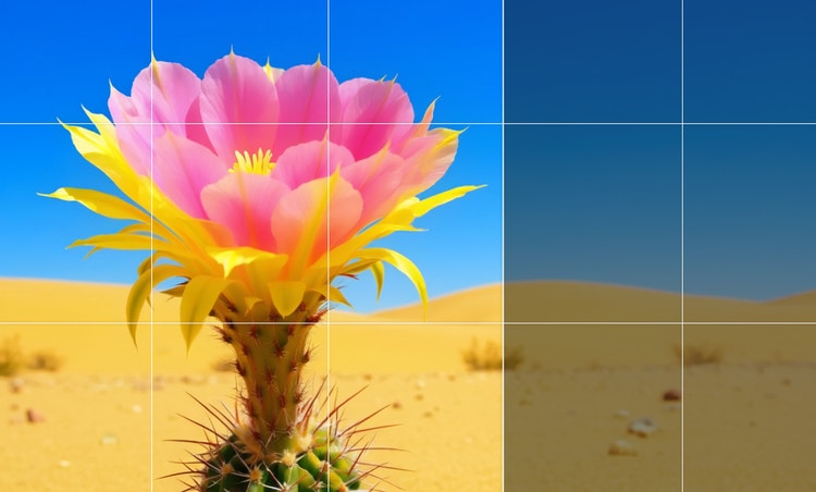 Uma imagem quadrada de uma flor no deserto é expandida para o modo paisagem com o comando “adicionar um deserto arenoso com dunas”.