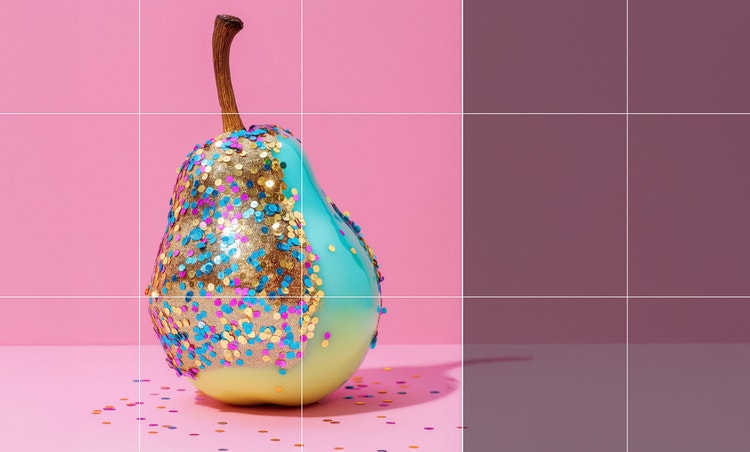 Uma pera coberta de glitter em frente a um fundo rosa é expandida com o Firefly para dar espaço ao texto.