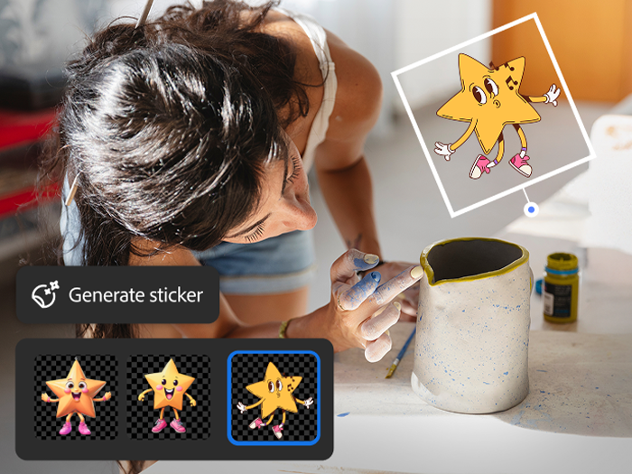 https://main--cc--adobecom.aem.page/cc-shared/assets/video/product/premiere/app/media_1162e8db844b26afa2a58fd4d2e6f46f04816db4c.mp4#_autoplay | Uma mulher admirando uma caneca branca com sobreposição da ferramenta Gerar adesivo, o comando “Um personagem fofo em forma de estrela” e opções de personagens geradas por IA.