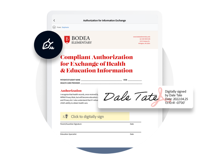 Um documento de autorização para troca de informações com um campo de assinatura digital mostrando que Dale Tate assinou o documento e o certificado digital