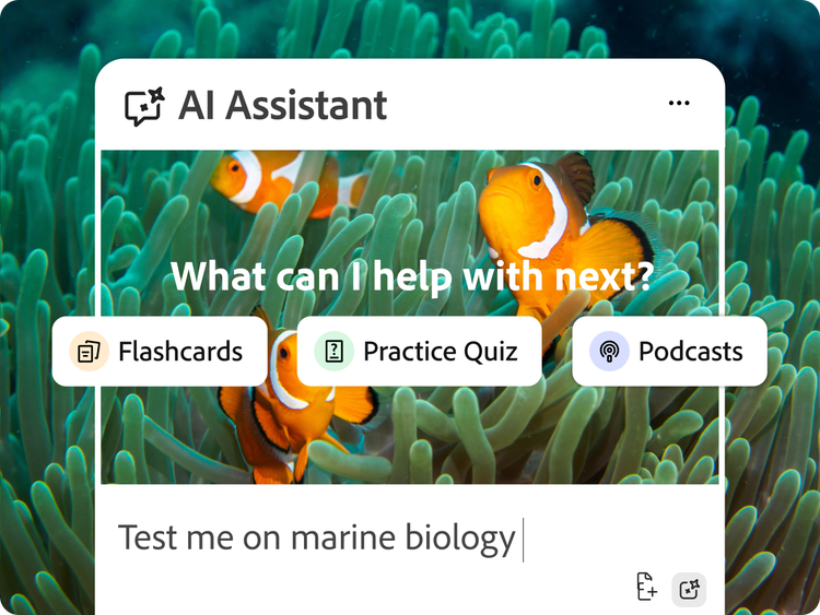 Clownfish in a green reef. AI Assistant pop up prompting to create flashcards, a practice quiz, or a podcast.