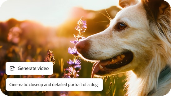 https://www.adobe.com/products/firefly/features/ai-video-generator.html | AI generated image of a dog created with Generate Video preview