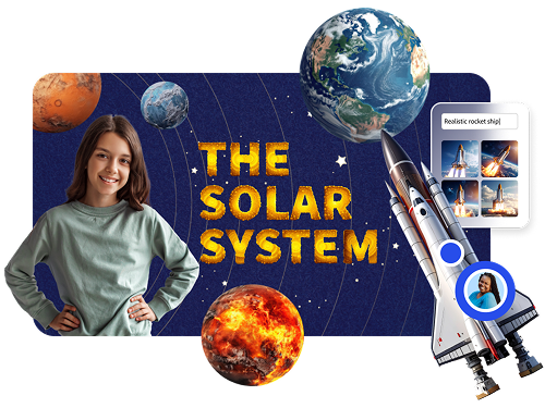 The solar system, planets, and rocket ship