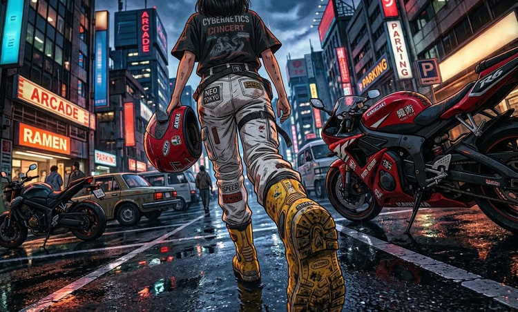 Anime-style cartoon of a girl holding a motorcycle helmet walking down a gritty city street