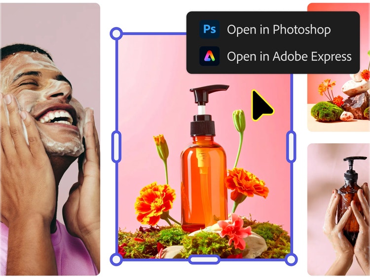 Design workspace showing a selected product image of an amber pump bottle surrounded by flowers on a pink background, outlined with blue resize handles and a cursor, alongside a UI menu offering "Open in Photoshop" and "Open in Adobe Express" with additional skincare images visible nearby.