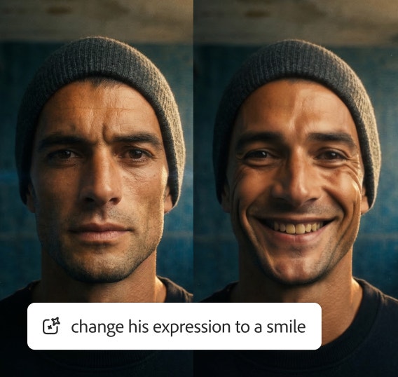 A split-screen comparison of the same AI-generated image of a man, edited by the prompt "change his expression to a smile" on the right with realistic results.