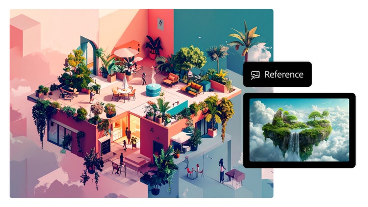 Colorful landscape with floating geometric houses in surreal art style and reference image in AI art generator