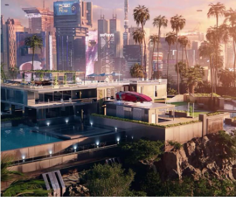 3D video art of a building with a city in the background