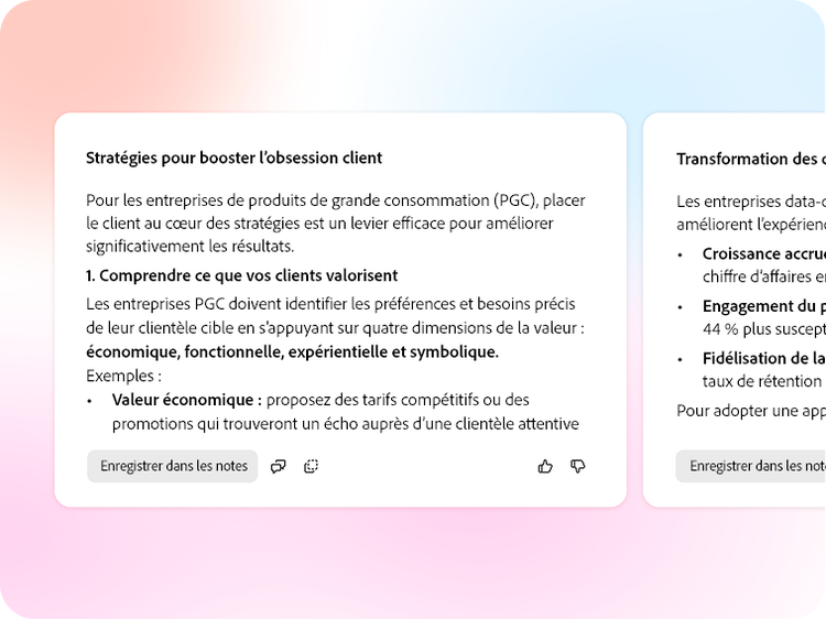 Résumé généré par l’IA, présenté sous forme de liste numérotée, avec un bouton Enregistrer dans les notes