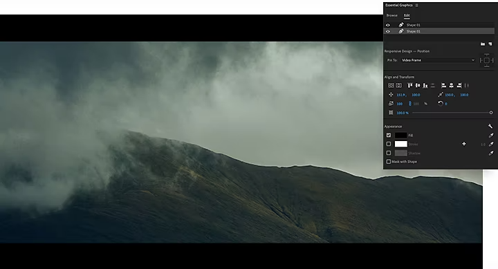 Ajout de bandes noires à une vidéo de montagne couverte de nuages dans Adobe {{premiere}}