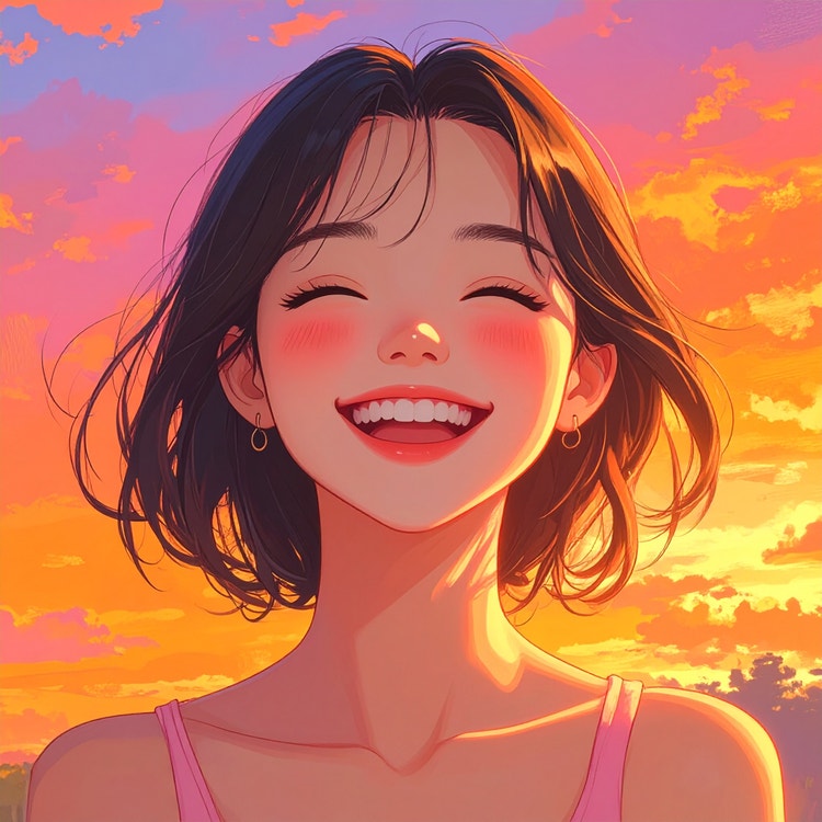 Image générée par IA d'une jeune femme souriante aux cheveux courts et foncés, présentée sous forme de portrait en gros plan sur fond de coucher de soleil chaud et lumineux