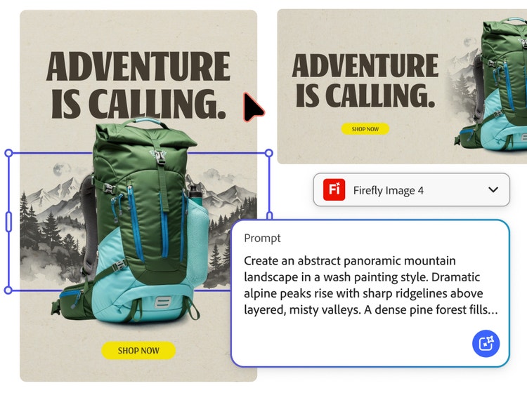 Image générée par l'IA d'une maquette publicitaire pour un sac à dos de randonnée vert, avec une illustration de paysage montagneux en arrière-plan, le titre « Partez à l'aventure », un bouton jaune Acheter, et l'interface d'Adobe Firefly affichant un prompt et un menu déroulant pour sélectionner le modèle