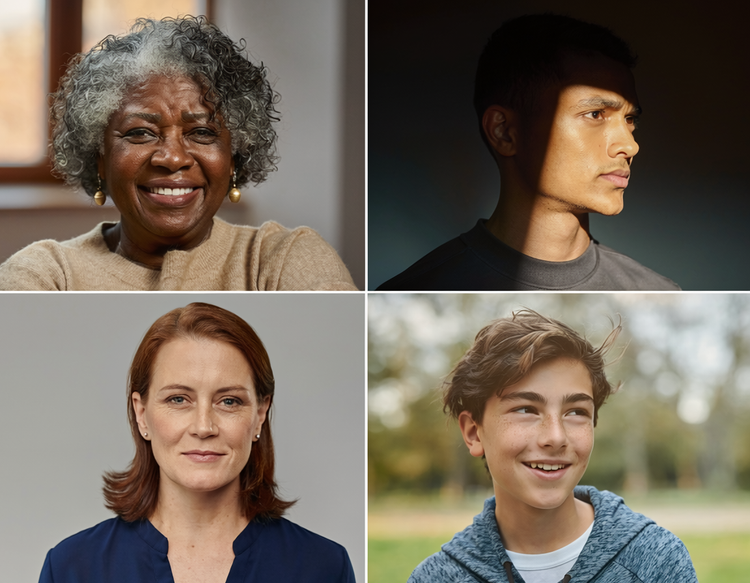 Quatre variations de portraits fictifs photoréalistes agencées dans un quadrillage 2x2, illustrant la diversité des résultats obtenus à l'aide d'un prompt précis dans Adobe Firefly