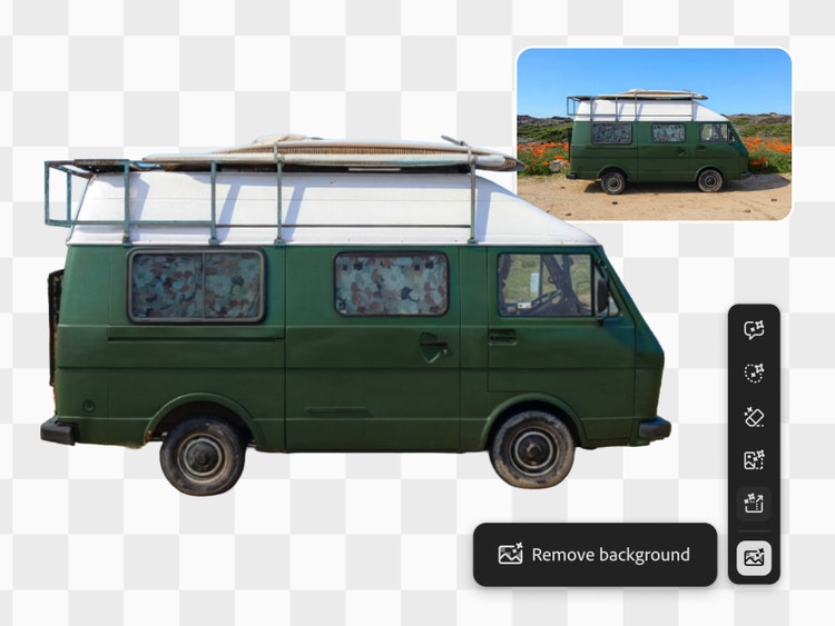 Image d'un van garé devant un paysage de bord de mer, retouchée avec Firefly pour supprimer l'arrière-plan et isoler le véhicule