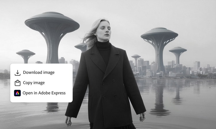 Image de femme dans un paysage futuriste, avec des options pour la télécharger, la copier ou l'ouvrir dans Adobe Express en incrustation