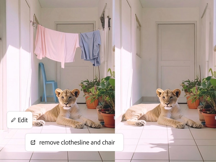 Suppression d'une corde à linge et d'une chaise au moyen d'un prompt sur une image représentant un lionceau allongé dans un couloir