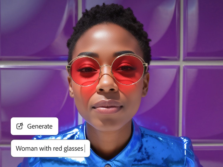 Femme générée par IA portant des lunettes rouges et une chemise bleue brillante et fixant l'objectif