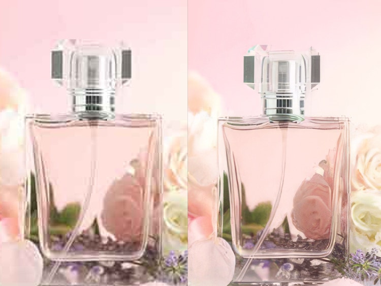 Deux images côte à côte d'un flacon de parfum entouré de fleurs; l'étiquette de la photo de droite étant plus nette grâce à l'outil d'agrandissement