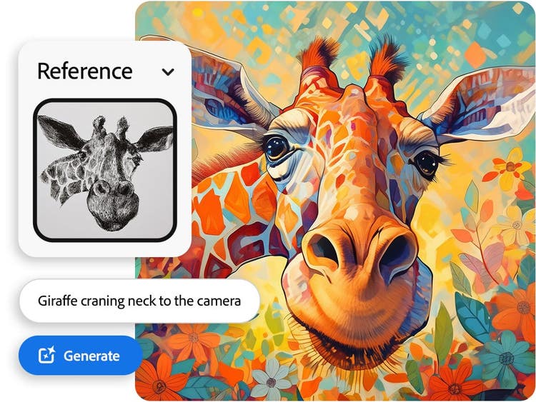 Image générée par l'IA représentant une girafe colorée, avec le croquis noir et blanc de référence et le prompt utilisé en incrustation