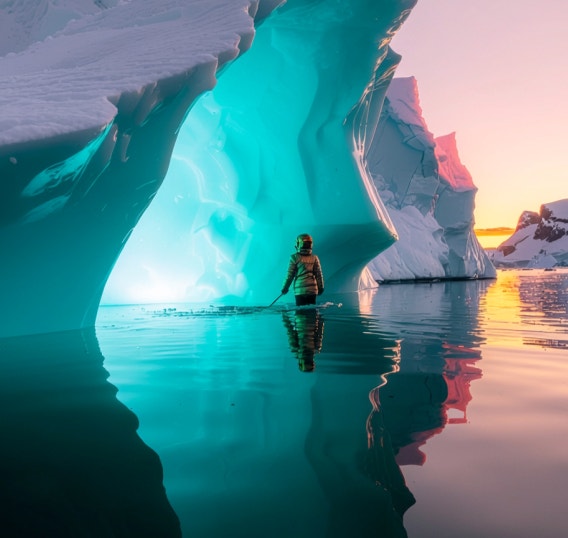 Image générée par IA d'une grotte turquoise dans un glacier avec une personne debout à l'entrée et des reflets réalistes sur l'eau au crépuscule