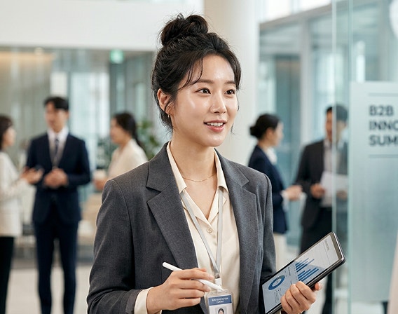 Portrait en gros plan généré par l'IA d'une jeune femme avec un chignon approximatif, portant une veste, en train de discuter dans un bureau