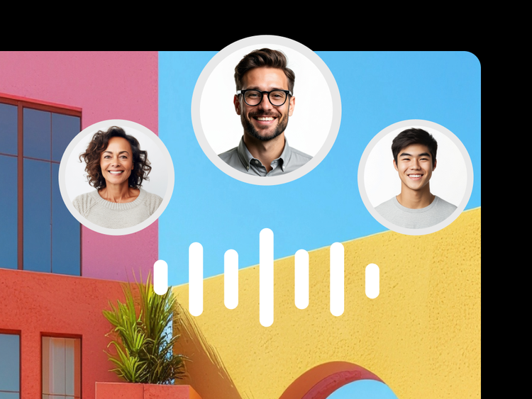 Illustration de trois personnes reliées par une onde sonore blanche sur un fond coloré composé de bâtiments roses, bleus et jaunes, symbolisant la communication optimisée par un générateur vocal par IA