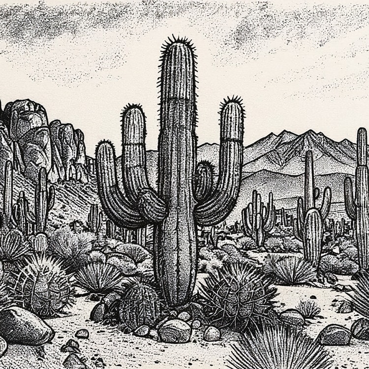 Dessin à la plume et à l'encre généré par l'IA d'un désert onirique peuplé de cactus sous un éclairage doux et nuancé