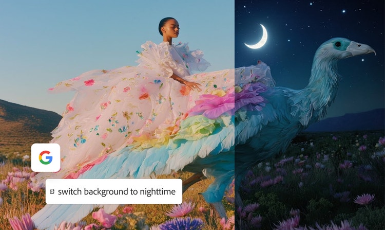 Image fantastique d'une femme en robe vaporeuse chevauchant un grand oiseau, retouchée pour remplacer le décor diurne par un arrière-plan nocturne