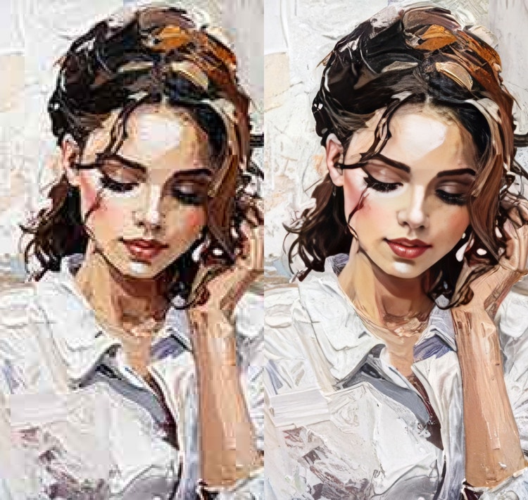 Comparaison de deux illustrations picturales d'une femme aux cheveux bruns, l'image de droite étant plus nette tout en conservant le style d'origine