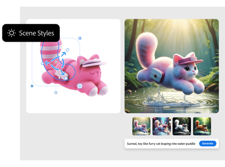 À gauche, illustration de référence représentant un chat rose avec l'option Styles de scène, et à droite, un chat en 3D au style surréaliste avec trois variations