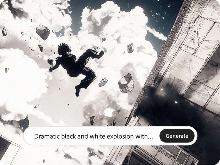 Image générée par l'IA d'un homme échappant à une explosion dans un style BD classique noir et blanc