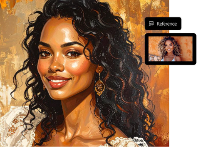 Portrait pictural d’une personne souriante aux cheveux bouclés sur un fond aux textures chaleureuses, avec une image de référence en incrustation