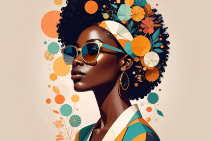 Portrait artistique d’une personne de profil avec des éléments géométriques et floraux en incrustation