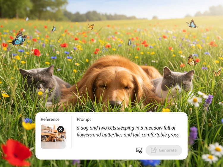 Portrait d'animaux créé avec le générateur IA représentant deux chats et un chien couchés dans un champ de fleurs sauvages