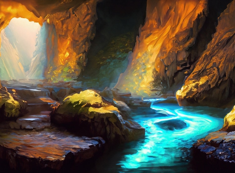 Illustration de type peinture fantastique générée par l'IA représentant un paysage avec de l'eau lumineuse et un éclairage atmosphérique sombre