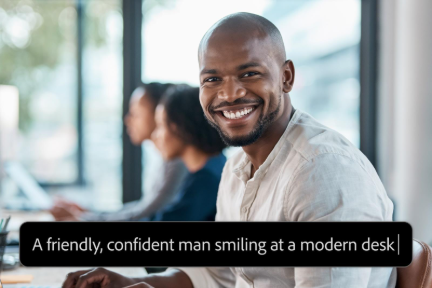 Photo d’une personne souriante assise à un bureau moderne, avec le prompt « Un homme souriant, confiant, assis à un bureau moderne » en incrustation