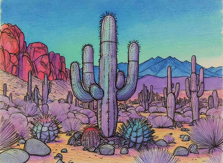 Illustration au marqueur générée par l'IA d'un désert onirique peuplé de cactus aux teintes néon sous un éclairage doux et nuancé