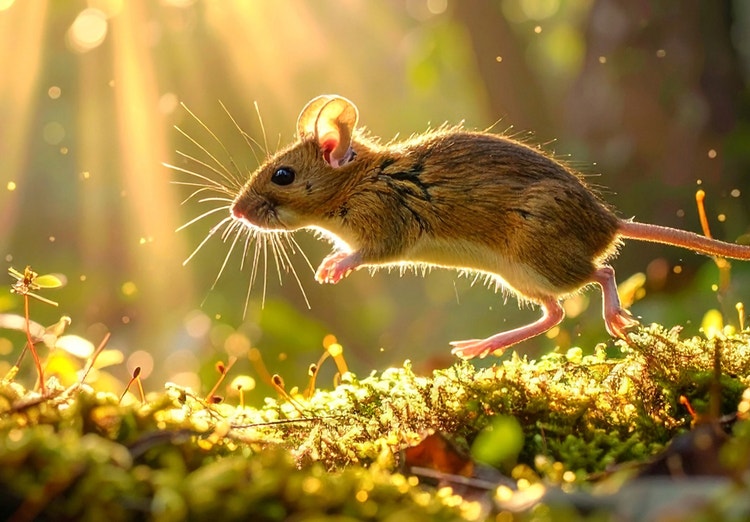 Souris dans une forêt affichée dans l'interface d'un générateur de vidéos par IA avec le prompt « souris sautant par-dessus la mousse, soulevant de la poussière »