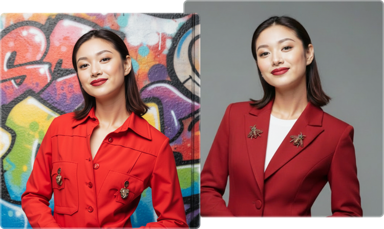 Deux portraits de la même femme : à gauche, en tenue décontractée devant un mur de graffitis; à droite, en costume devant un arrière-plan uni