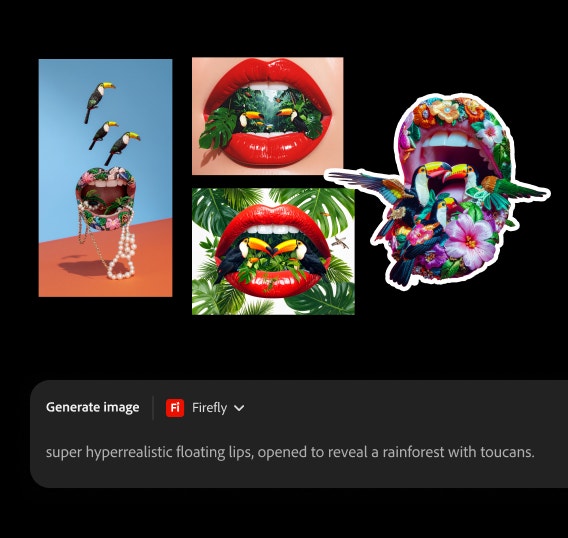 Plusieurs images associant des lèvres rouges, des feuilles tropicales et des toucans retouchées au moyen de différents outils Firefly et applications Adobe