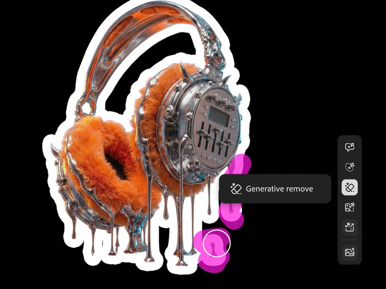Image stylisée d'un casque audio avec des gouttes métalliques, dont certaines parties sont surlignées pour pouvoir être retirées avec l'outil Suppression générative de Firefly