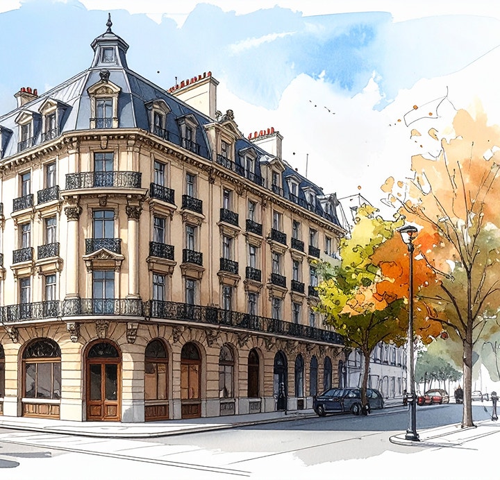 Croquis architecturale d'un immeuble d'angle de style classique générée par l'IA de Firefly