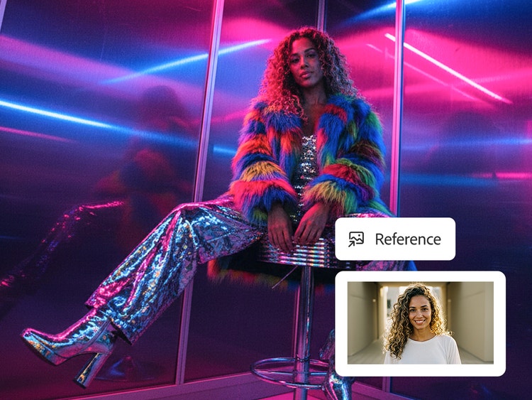 Femme générée par IA vêtue d'un manteau multicolore et d'un pantalon brillant dans une boîte de nuit éclairée aux néons, avec image de référence en incrustation représentant la même femme portant un tee-shirt blanc