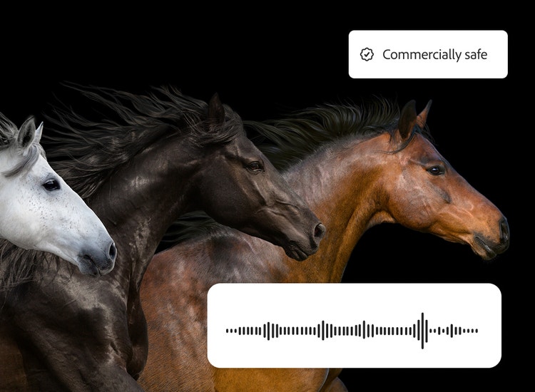 Trois chevaux avec la forme d'onde d'un effet sonore et le badge « Adapté à un usage commercial » en incrustation