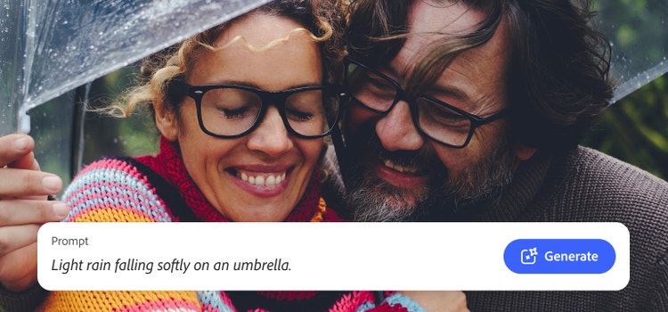 Photo de deux personnes souriantes sous un parapluie, avec incrustation d'un prompt utilisé pour créer un effet sonore de pluie au moyen du générateur par IA de Firefly